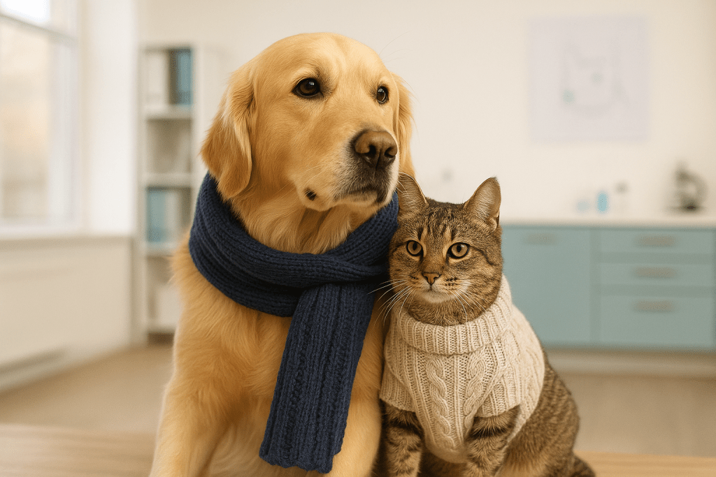 Perro y gato abrigados en invierno dentro de una clínica veterinaria en Cangas.