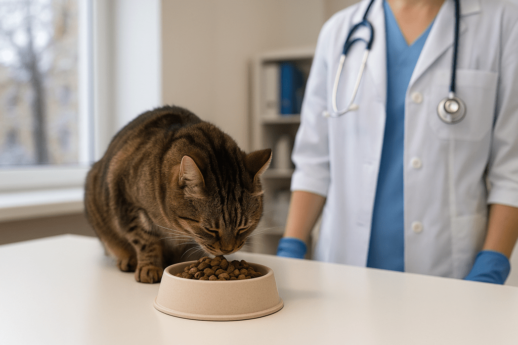 Mascota comiendo en ambiente invernal dentro de clínica veterinaria